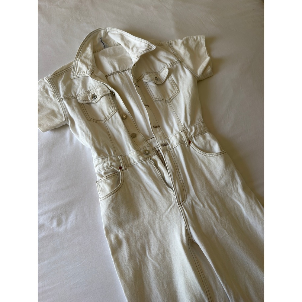 Zara White Denim Boiler Suit Short Sleeve Utility Jumpsuit Contrast Stitch M 28